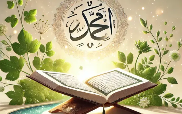 Avoin Koraani, islamilaista kalligrafiaa ja kasviaiheinen koristelu