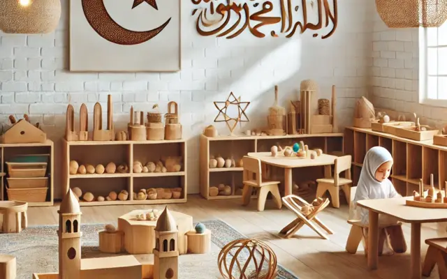 Islamilainen Montessori-luokka, lapsi ja opetusmateriaaleja
