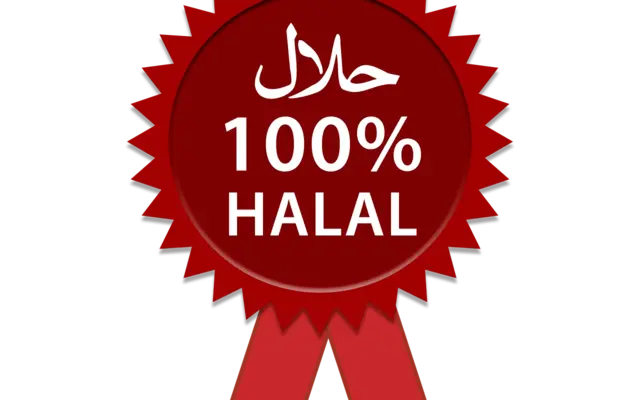 Punainen 100-prosenttisesti sertifioitu halal-merkintä