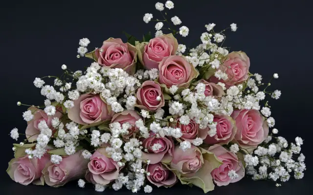Strauß aus rosa Rosen und weißen Blumen