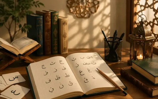 Arabic learning notebook open on a desk with Arabic letters, study materials, and a calm atmosphere for learning Arabic at home.