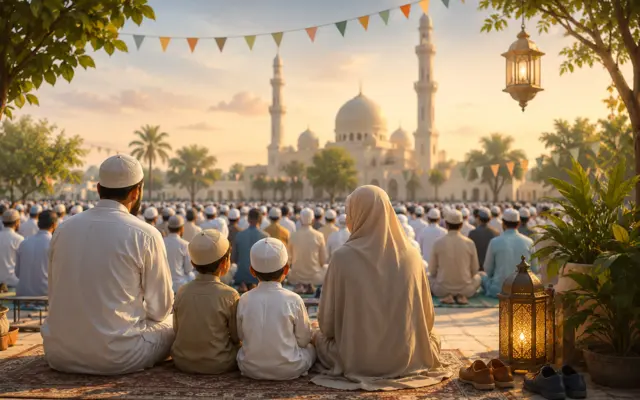 Muslim worshippers standing in rows during the outdoor Eid prayer, performing the collective takbirat