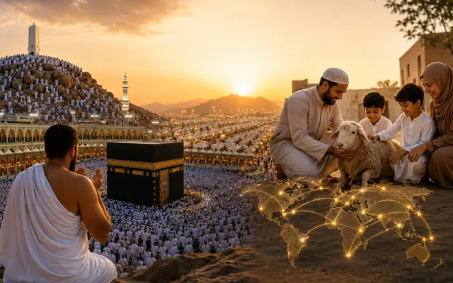 Pilger in weißer Ihrām-Kleidung während des Haddsch in Mekka