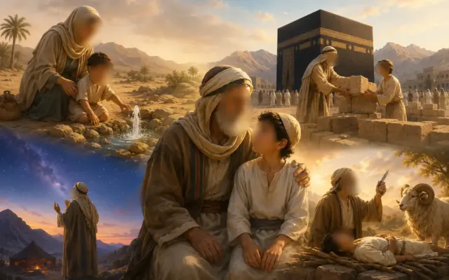 Elternteil liest seinem Kind ein Bilderbuch über den Propheten Ibrāhīm vor