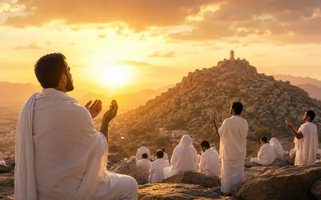 Tausende muslimische Pilger versammeln sich am 9. Dhū l-Ḥiǧǧa in ʿArafāt
