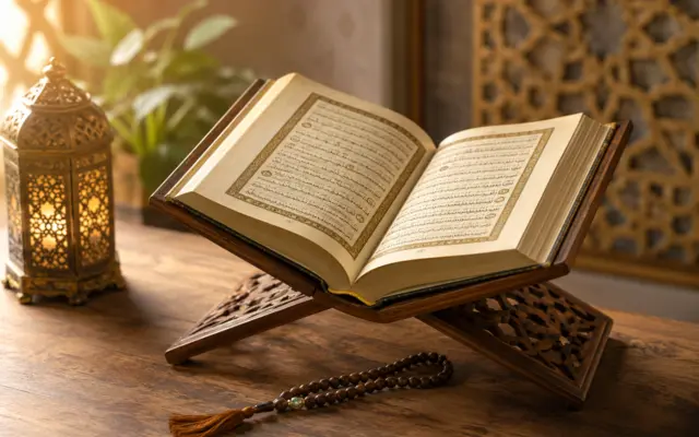 Illustrated chart of the main Tajweed rules (Madd, ghunnah, qalqalah) with Quranic examples for learning correct Quran recitation