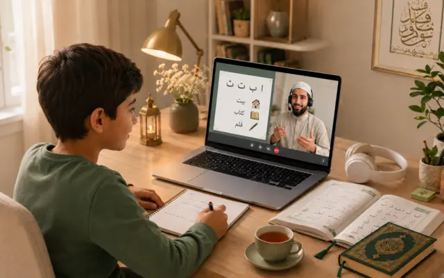 Voksen studerende følger en privat arabisklektion online med en modersmålslærer via computer i rolige omgivelser derhjemme
