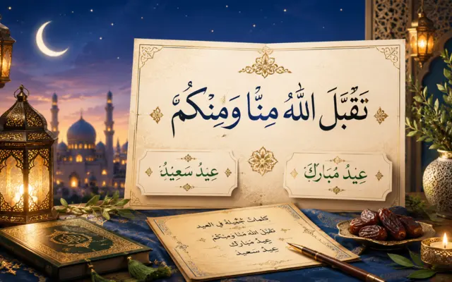 Elegant arabisk kalligrafi med formuleringen "Taqabbal Allahu minna wa minkum — Eid Mubarak" på en gylden islamisk dekorativ baggrund