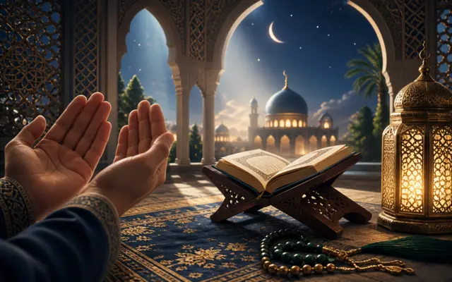 Open Quran with hands raised in supplication, symbolizing powerful Quranic duas and the supplications of the prophets in Islam.
