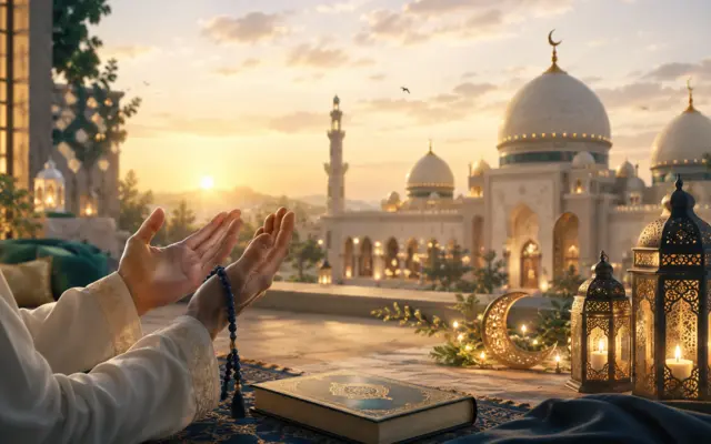 Hands joined in supplication during Eid prayer, representing the duas recited on the Islamic day of celebration