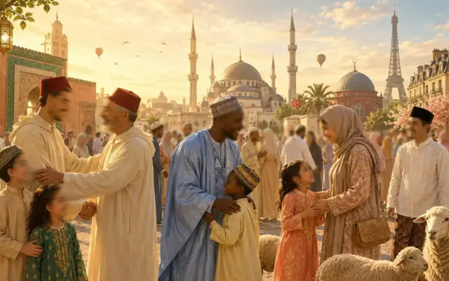 A large congregation of Muslim worshippers gathered outdoors at dawn for the Eid al-Adha prayer, men in traditional dress in rows facing the qibla