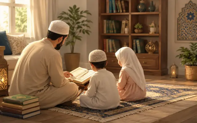 A Muslim father sitting with his young children, reading together from an open Quran on the living room table