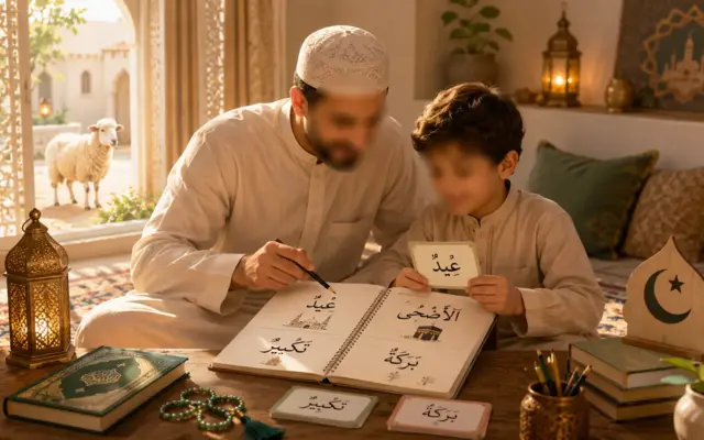 Educational chart showing essential Eid al-Adha Arabic vocabulary — Udhiyya, Takbir, Baraka, Dhabh — displayed in Arabic calligraphy with English translations on a warm Islamic geometric background