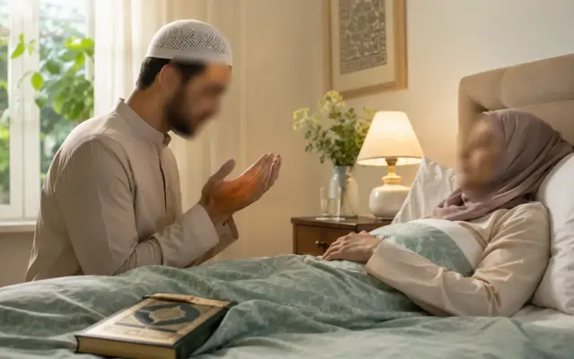 Man making dua for a sick woman in Islam