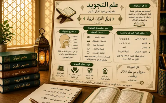Educational poster about Tajweed and the Arabic alphabet