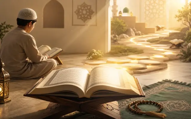 Beginner reading the Quran in peaceful warm light