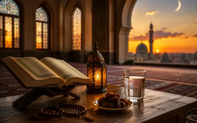 Geöffneter Koran mit Datteln und Wasser zum Aschura-Fasten