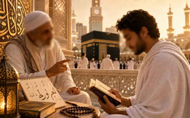 Pilgrim som lär sig arabiska före umrah