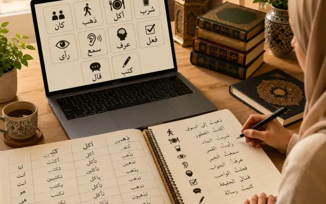Studerende, der lærer arabiske verber med computer og notesbog