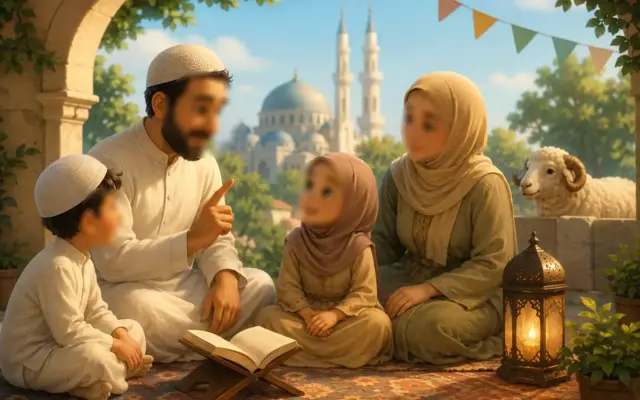Muslim family explaining Eid al-Adha to children