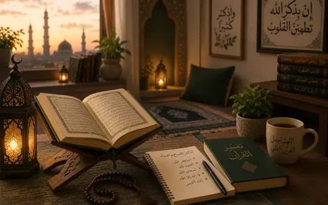Open Quran with invocations and spiritual light