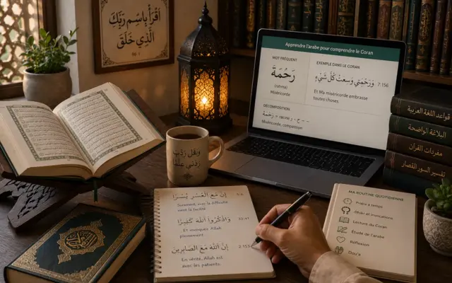 Student learning Quranic Arabic online