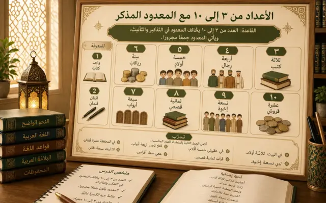 Illustrated lesson on Arabic numbers from 3 to 10