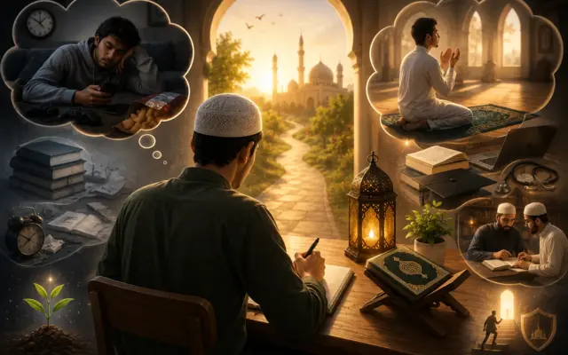 Muslimischer Schüler sucht mit Koran und Duʿā nach islamischem Wissen