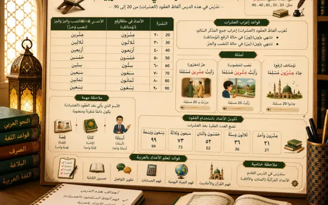 Arabic numbers lesson about tens from 20 to 90