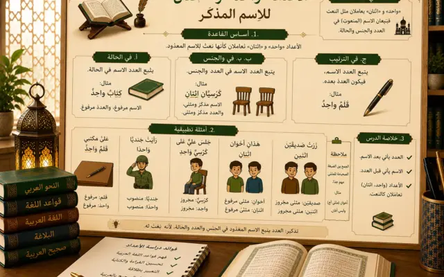 Arabic numbers lesson about 1 and 2 with masculine nouns
