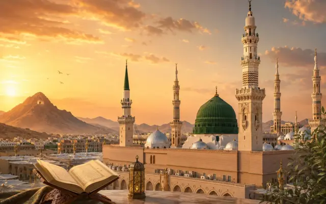 Moschea di Medina con un Corano aperto