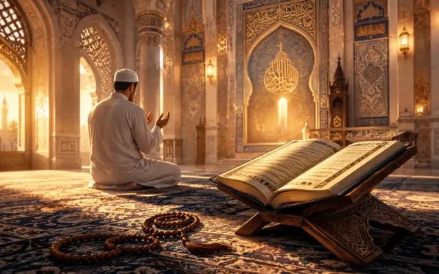 Geöffneter Koran in einer Moschee mit einem betenden Mann
