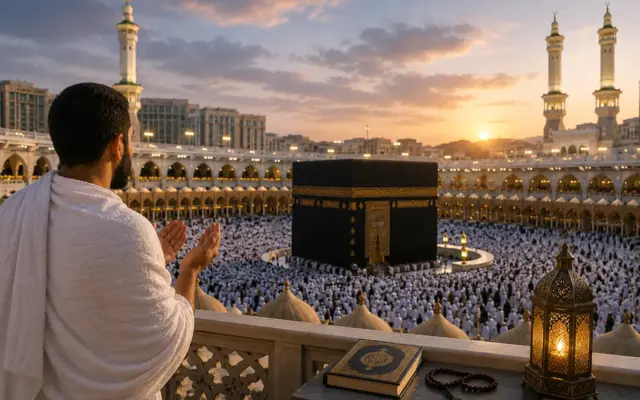 Mann spricht ein Bittgebet mit Blick auf die Kaaba