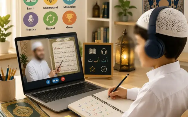 Child taking an online Quran class