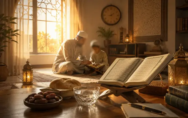 Vater und Kind lernen zu Hause gemeinsam den Koran