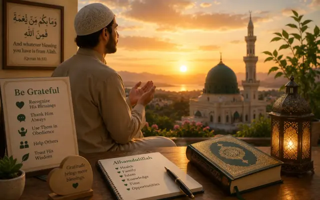 Mann dankt Allah vor einer Moschee