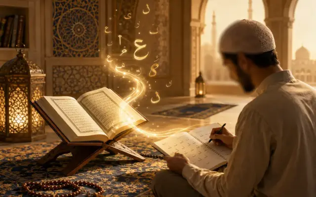 Studerende, der lærer arabisk foran en åben Koran