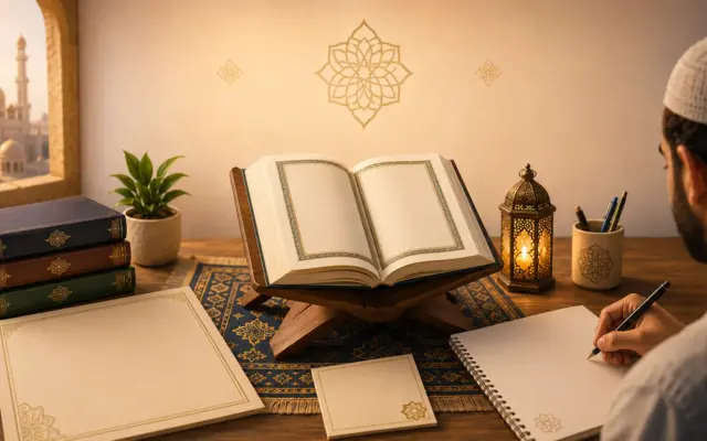 Muslimsk studerende, der lærer arabisk med en åben Koran