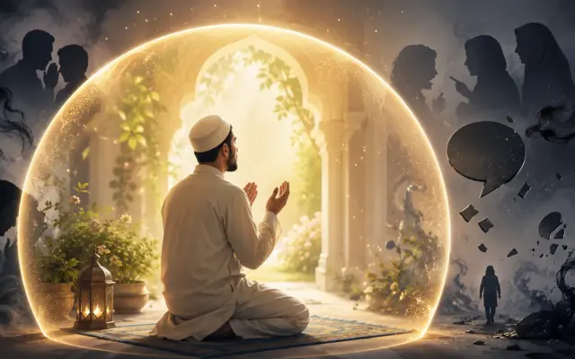 Muslim man praying protected from harmful influences