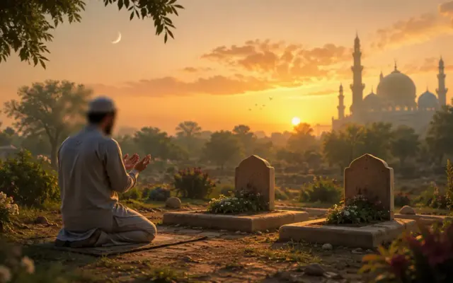Muslim man praying for deceased parents in a cemetery