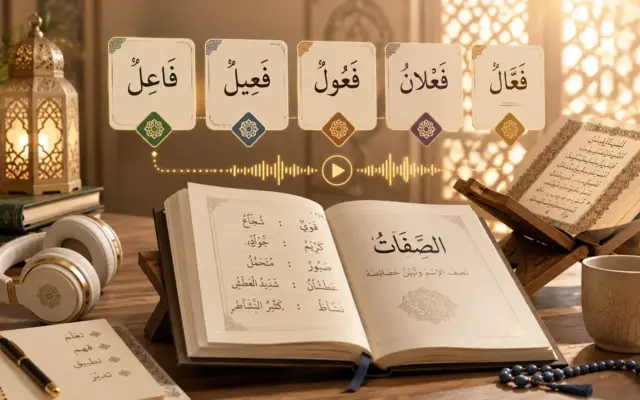 Open Arabic book with Quranic adjective examples