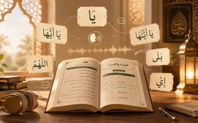 Open Arabic book with Quranic interjection particles