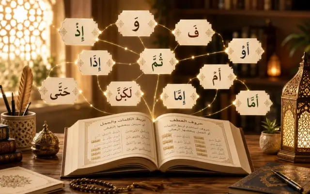 Öppen arabiskbok med koraniska konjunktionspartiklar