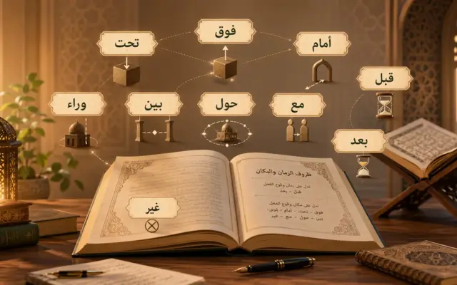 Open Arabic book with illustrated Quranic adverbs