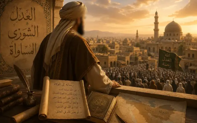 ʿUmar ibn al-Chattāb mit Blick auf eine muslimische Stadt