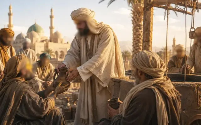 Mann bietet in der Nähe einer Moschee Wasser an