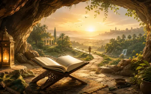 Open Quran in a cave at sunrise