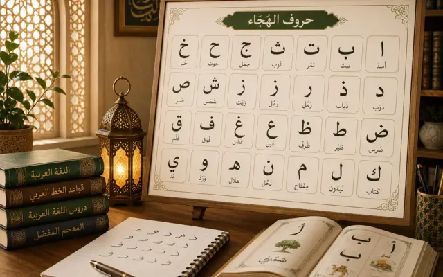 Chart of the 28 Arabic alphabet letters with open book