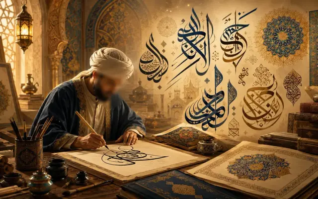 Calligrafo arabo che scrive motivi di calligrafia tradizionale