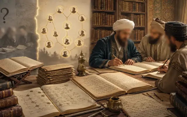 Muslimische Gelehrte studieren Hadith-Manuskripte